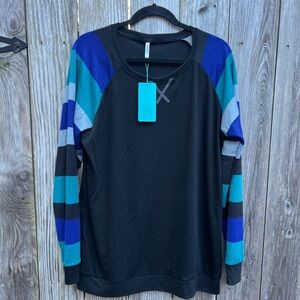 NWT POPYOUNG Black Blue XL Striped Tunic Women’s Top